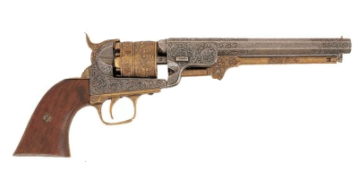 Pewter and Brass Engraved 1851 Navy Revolver, wood grip
