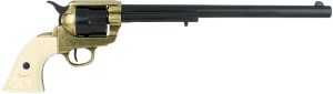 Buntline Special cap-firing replica revolver, black/brass with ivory-like grips