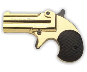 Double-barrel .22-cal derringer, brass with black grips.