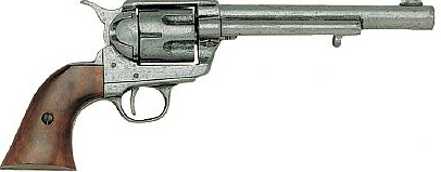 1873 SAA Cavalry Barrel cap pistol, grey with wood grips.