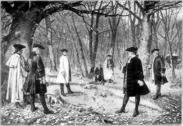 Artist's rendering of duel between Aaron Burr and Alexander Hamilton
