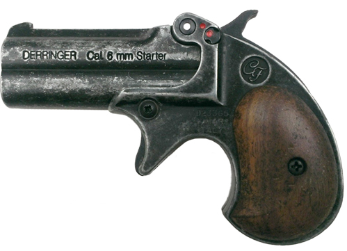 .22 Cal/6mm Blank-fire derringer, antiqued grey, wood grips.