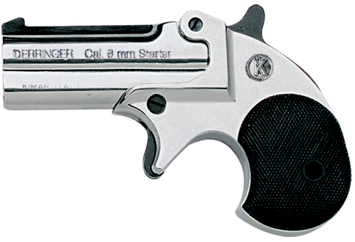 .22-cal. blank-fire derringer, nickel finish with black grips.