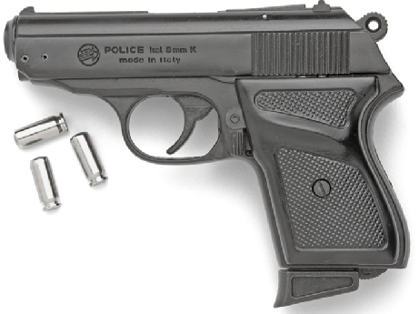 James Bond 8mm PPK blank fire pistol, black, black grips.