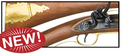 Close-up of stock and flintlock mechanism on Kentucky long rifle