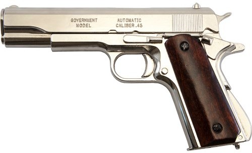 M1911 .45-cal US Military Pistol, nickel with wood grips.
