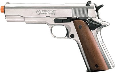 M1911 front-fire 9mm blank pistol, nickle, wood grips.