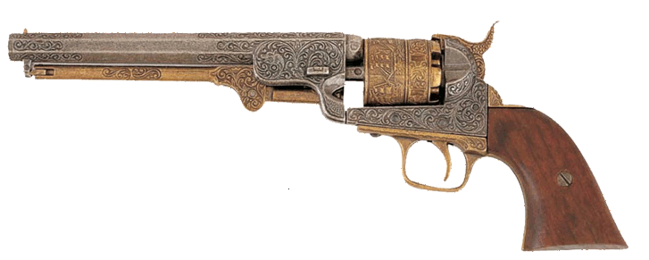 1851 Navy engraved pistol, dark nickel and brass, wood grips.
