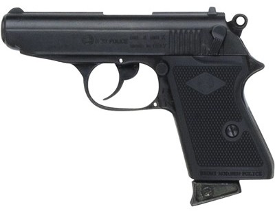 James Bond 9mm auto blank-fire pistol, black, black grips.