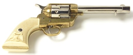 1873 SAA Frontier-style replica revolver, nickel and brass dual finish with simulated checkered ivory grip