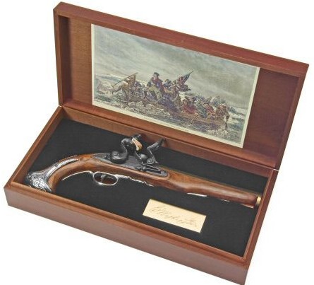 George Washington flintlock pistol in boxed display.