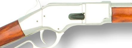 Close-up view of 1866 lever-action rifle receiver in nickel finish