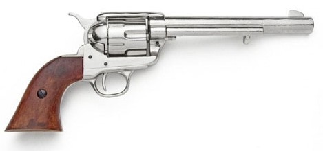 Cavalry barrel .45 SAA, nickel and brass with wood grips.