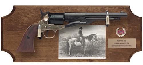 Robert E Lee framed set with 1860 Army replica revolver, dark wood plaque
