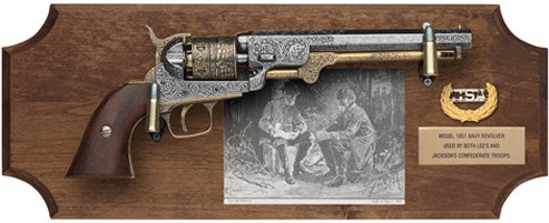 Lee and Jackson CSA replica revolver framed display on  dark wood.