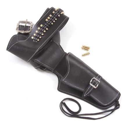 All leather black holster with metal buckles and replica bullets in belt loops.