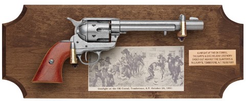 OK Corral framed set with 1873 Cavalry revolver, dark wood frame