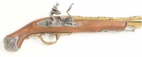British Blunderbuss flintlock replica pistol, brass with wood grips.