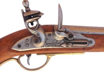 Closeup view of Lewis & Clark flintlock pistol mechanism.
