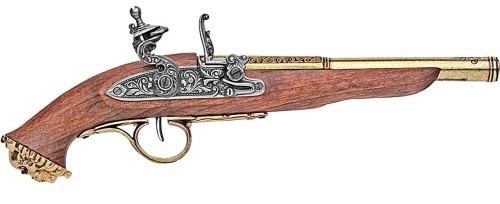1700s pirate flintlock pistol, brass finish barrel, real wood stock.