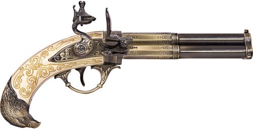 Ornate flintlock pistol, mock ivory stock, bird head butt plate.