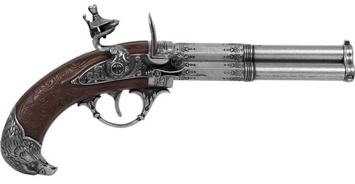 Ornate flintlock pistol, wood stock, grey bird head butt plate.