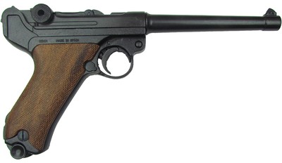 Luger P08 Navy Pistol, black, checkered wood grips.
