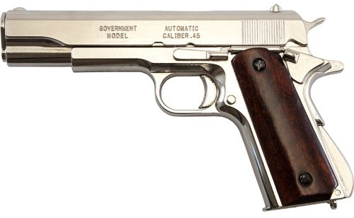 M1911 US Military .45 cal pistol, nickel finish, wood grips.