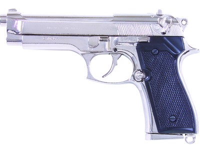 M92F Beretta 9mm semi-auto pistol replica, nickel, black grips