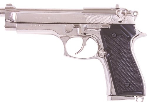 Beretta M92F Automatic Pistol Replica, Nickel, Black Griips.