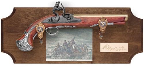 George Washington Flintlock Pistol in  framed display on dark wood
