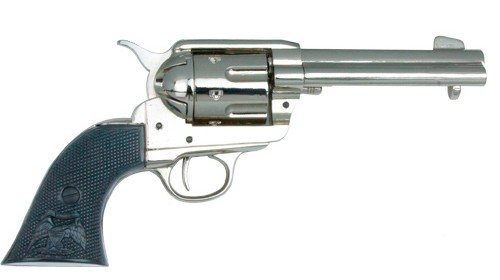 Bat Masterson 1873 SAA revolver replica, nickel, black grips.