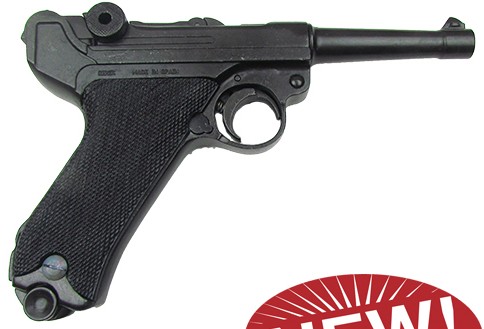Luger P08 pistol, black with black checkered grips