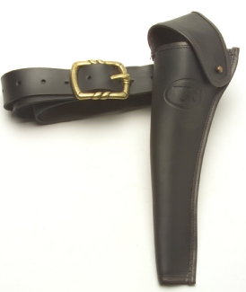 Civil War black leather butt-forward holster and belt, brass buckle, left or right hip carry