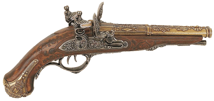 Double Barrel Flintlock Pistol marked with Napoleon's personal crest, ornate scrollwork on grip, barrel and flintlock