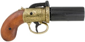 British Pepperbox Revolver, brass finish, black, barrel, wood grips.